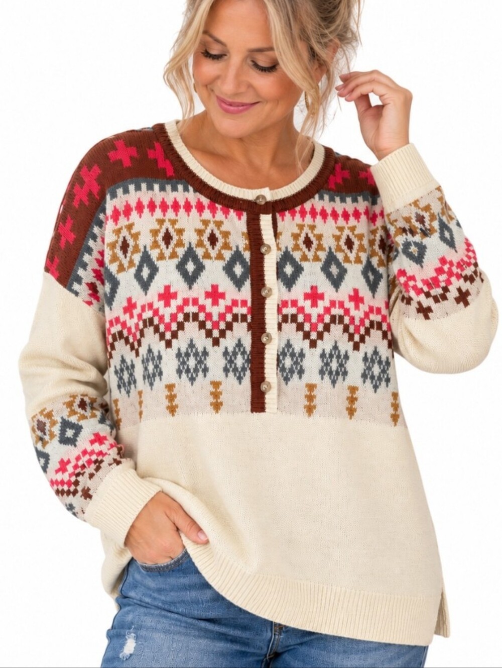 Savanna Jane Women’s Medium Fair Isle Nordic Henley Knit Sweater Cream